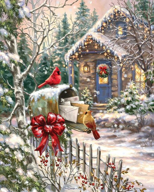 Cardinals on an open mail box to a  winter scene of Cottage 