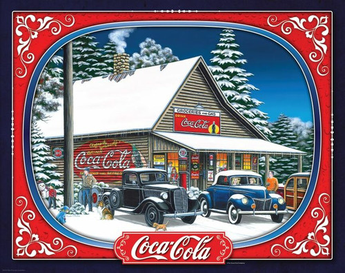 Cocal-Cola Holiday Tidings 1500pc, Coke frame with traditional cars at gas station 