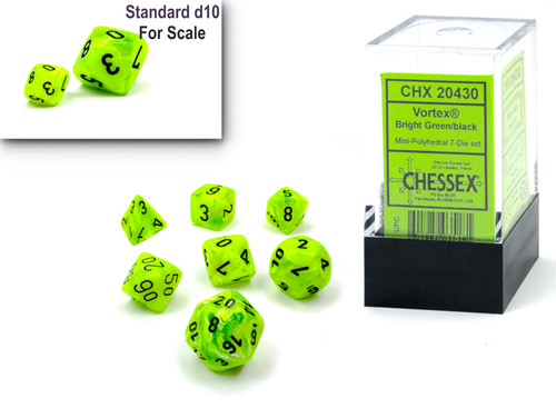 Mini Vortex Bright Green/Black Dice Set - next to its clear plastic packaging cube