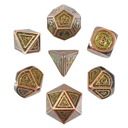 Arboreal Magic, Metal Dice Set, bronze like with green/gold glitter boarder- metal number