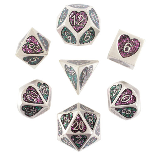 Dice with heartshaped edges surrounding silver numbers with pink/green confetti flat sides