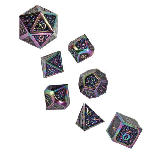 Close up of Prismatic Wrath, Metal Dice Set 