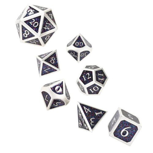 Mage Forged, Metal Dice Set- Silver edges and numbers with blue/red speckled background