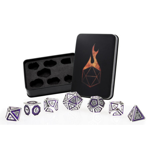 Imperial Justice, Metal Dice Set- silver, purple accent, black numbers.  with tin case