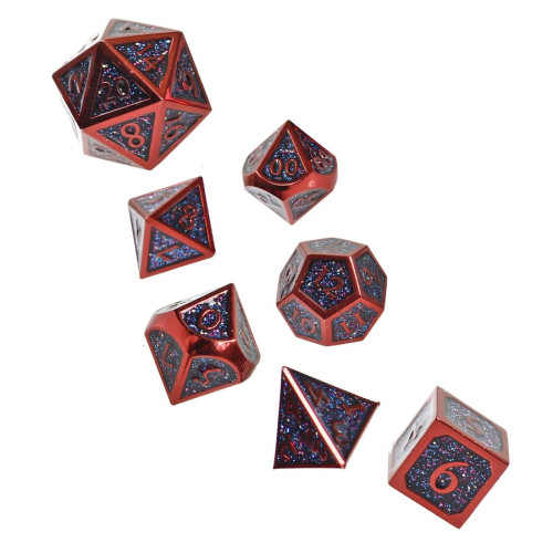 Fiend Touched, Metal Dice Set, red numbers and corners with glittery flat/side