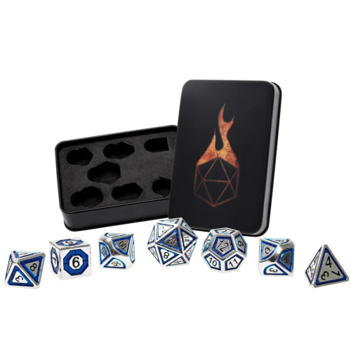 Azure Enchantment, Metal Dice Set , featuring a metal tin with silver and blue dice with black numbers