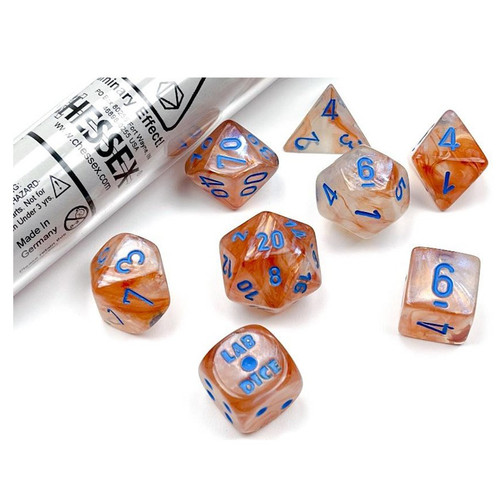 7-set tube of Lab Dice 5 Borealis rose gold dice with light blue numbers. 