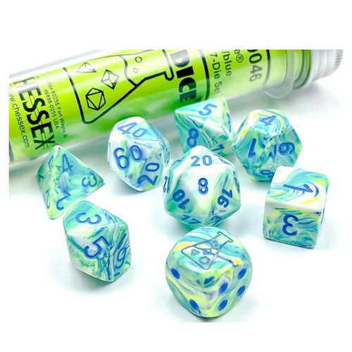 7-set tube of Lab Dice 5 Festive garden dice with blue numbers. 