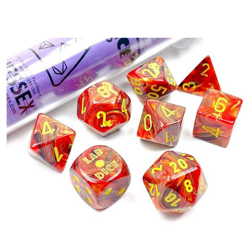 7-set tube of Lab Dice 5 Vortex Underworld dice with yellow numbers. 