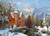 A house and church at the bottom of a mountain pass with wreaths and a Christmas decorated tree and bridge 