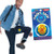 Person playing with Wham-O Hacky Sack,  blue packaging yellow, blue and red sack
