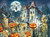 Halloween House depicting a house, full moon, bats and pumpkins