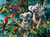 Koalas in a Tree close up depicting a Koala family in a tree surround by bright colored birds