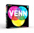 Venn Front of game box featuring a pink, yellow, and blue venn diagram