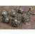 Lloth's Whisper hollow metal dice set on a woodgrain table, from Forged Gaming Co