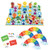 The game components featuring a picnic blanket full of various food and 4 player rainbow cards
