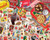 Puzzle image depicting collectibles  advertising cola cards and pins overlapping, with a coca cola tray with a bowl of shelled peanuts, cola glass with iced soda in it, and a bowl of trail mix 