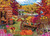 Autumn pumpkin farm scene with farm cart filled with mum flowers, wood work shed, and fall colored leaves and trees, with butterflies and animals throughout.