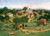 Picnic by the Bridge painting of an overhead view of an old world pioneer settlement with people setting up a picnic by a covered bridge puzzle image