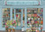 Puzzle image of a historic floral shop flooded with flowers, a few customers in hats,  and puppy outside looking in 