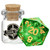Green twenty-sided die with gold numerals and a liquid core