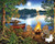 Lakeside Canoe puzzle image showing a lake in the evening, a canoe, a campfire and two wood chairs at the water's edge