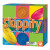 Skippity box cover, featuring circular game pieces in different colors