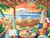 Cozy Cabana CreArt Paint by Numbers kit, depicting completed beach scene painting, palette and paints