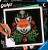Front of package, black box, black background with fox face and nature around it