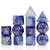 Set of 12 blue and gold dice in stacks