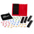 Games contents red game board,  with black trays and colorful numbered card tiles