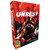 Unrest box cover, a person in a trenchcoat looking at a futuristic city in flames