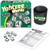 Green box of Yahtzee with letters on the dice and a dice cup and score pad. 