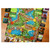 Game board lay out featuring a map with paths and different types of game cards 