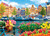 Close up of completed puzzle image featuring flowers and attached buildings and a river with boats on it