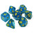 Translucent blue with gold flakes and yellow inking dice set