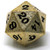 Close up of D20. Metallic gold with black ink