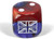 Close up of one dice, red/blue dice with white flag and pips