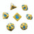 7 dice polyhedral set, die and ink varies but image shows marble yellow dice and blue ink