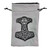 Silver bag featuring a Mjolnir in black, drawstring