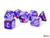 7 purple dice with teal numbers