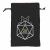 Black dice bad with embroidery depicting a cat peeking over the top of a twenty-sided die