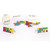 bright colored wooden dominos , domino trays and a canvas bag.