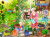 a person watering a plant near a garden shed surrounded by garden objects and plants