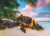 palm tree leaning over rock and white sand beaches