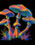 black background with neon colored mushrooms made of dots