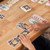 game cards on a wooden table.