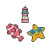 Completed diamond art stickers depicting a fish, a lighthouse and a starfish in sunglasses