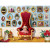 a white rabbit in a tall red chair with many animals in frames