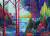 Puzzle image, depicting an artistic rendition of a forest in vibrant shades of blue, purple, green and orange